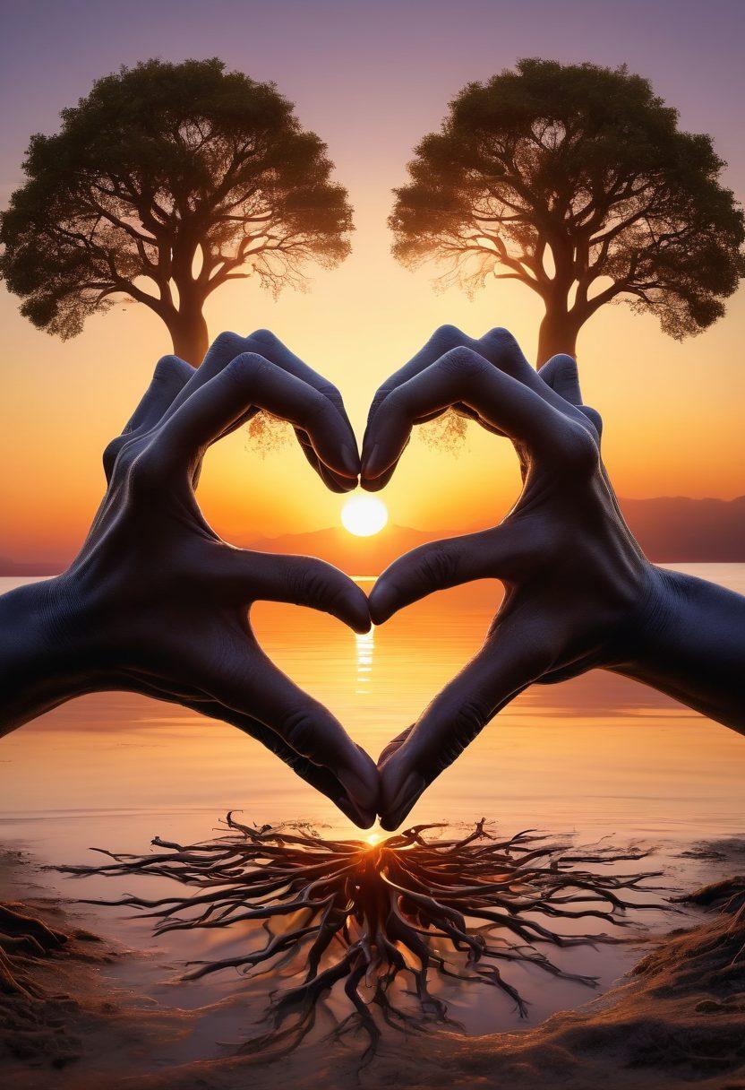 A heart formed by intertwined hands, symbolizing deep emotional bonds, surrounded by a serene sunset. In the background, a tree representing growth and strength stands tall with roots visible, illustrating the foundation of relationships. Soft, warm colors create a sense of comfort and connection, while tiny glowing orbs float around, representing cherished memories. super-realistic. vibrant colors. warm tones.