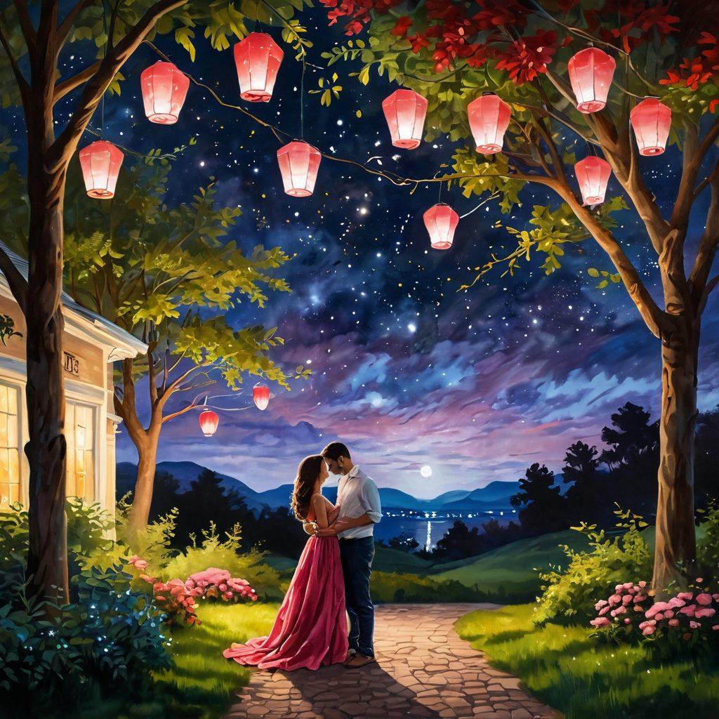 A warm and inviting scene depicting a couple sharing an intimate moment under a starry night sky, surrounded by glowing lanterns and lush greenery. Their expressions convey deep emotional connection and joy, symbolizing lasting love. In the background, soft twinkling lights enhance the romantic atmosphere, creating a dreamy effect. The color palette is rich and vibrant, emphasizing reds and pinks. painting. vibrant colors.