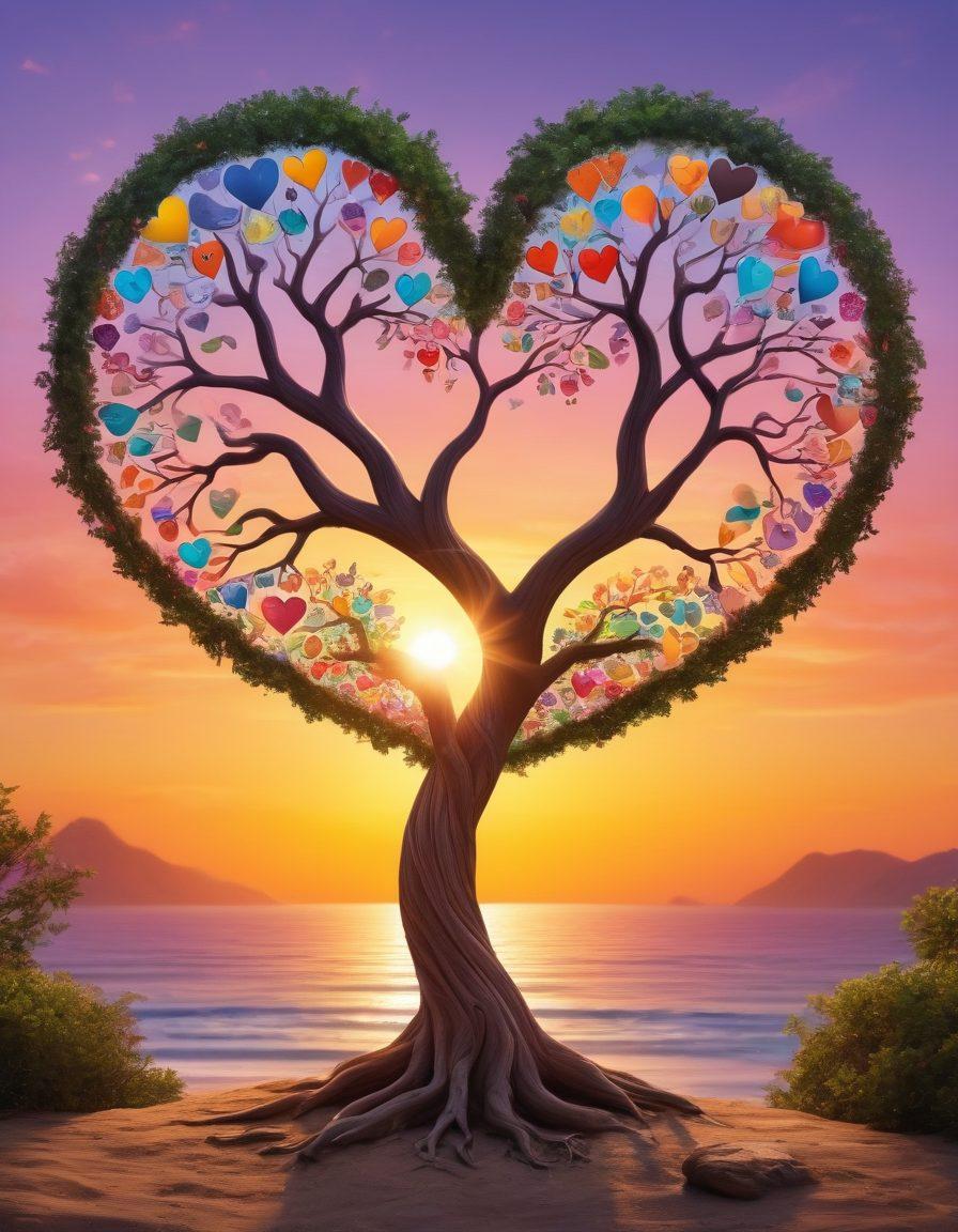 A heart-shaped tree with two intertwined trunks, symbolizing a deep friendship evolving into a soulmate connection, adorned with various colorful love language icons (words of affirmation, acts of service, gifts, quality time, physical touch) hanging like ornaments from the branches. In the background, a glowing sunset to signify warmth and connection. soft illustration. vibrant colors. natural scenery.